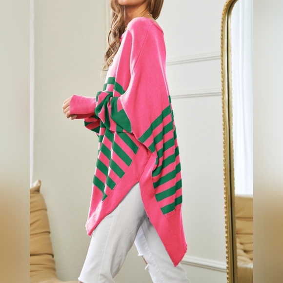 #207 🛑48 L FINAL PRICE Multi Striped Elbow Patch Loose Fit Sweater Top - Picture 3 of 10